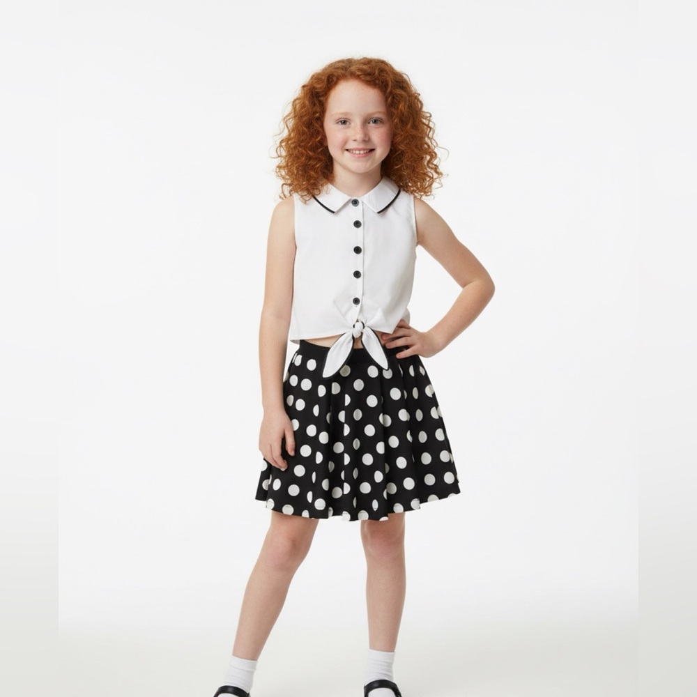 Kate Mack Sock Hop Retro 2pc Cropped Top & Polka Dot Skirt Set Girls NWT sz 8